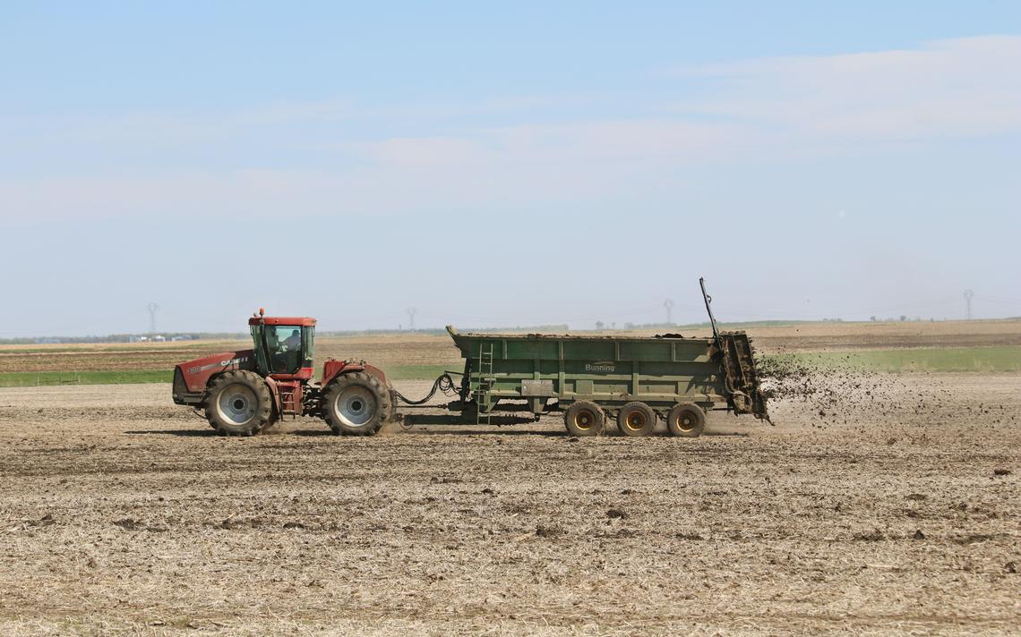 Bart Johnson’s manure spreaders, made by Bunning Agricultural Engineers of England, can take up to three truckloads of manure to the field, guiding fertilizer delivery using GPS technology. Photo taken May 15, 2020, near Miller, S.D. Mikkel Pates / Agweek