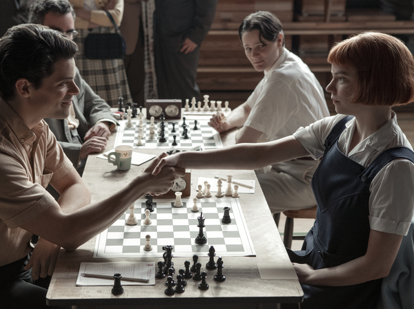 Beth (Anya Taylor-Joy) destroys an opponent (Jacob Fortune-Lloyd) in the Netflix chess drama, The Queen's Gambit.