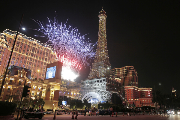 Fireworks explodes at a replica of the Eiffel Tower of Parisian Macao during an opening ceremony in Macau, China, on Sept. 13, 2016. The French-themed Parisian Macao is Sheldon Adelson's fifth property in the former Portuguese colony.