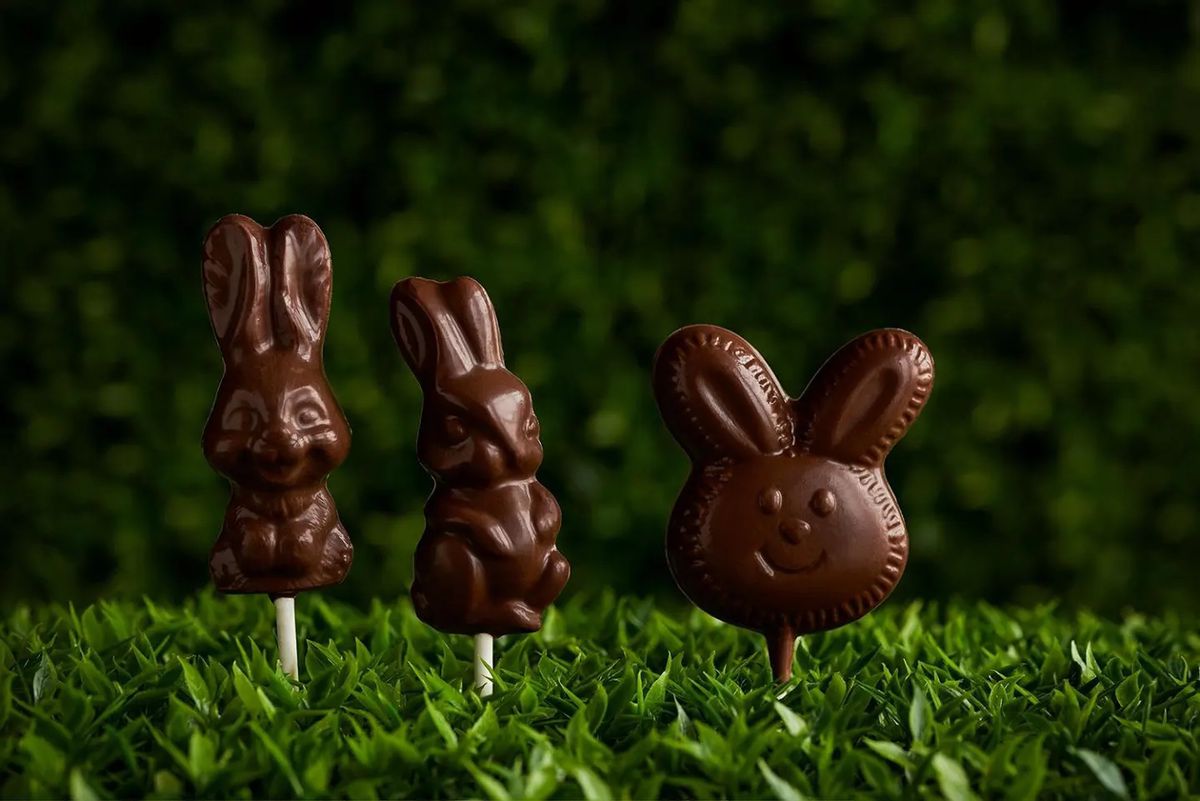 Three dark chocolate bunnies on white lollipop sticks, stuck into fake grass