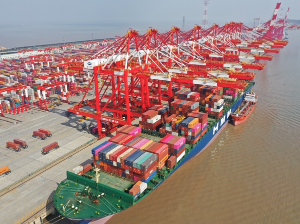 An aerial view of Yangshan Port in Shanghai, China, in February. A prolonged shutdown of the Suez Canal would disrupt supply chains across the globe.