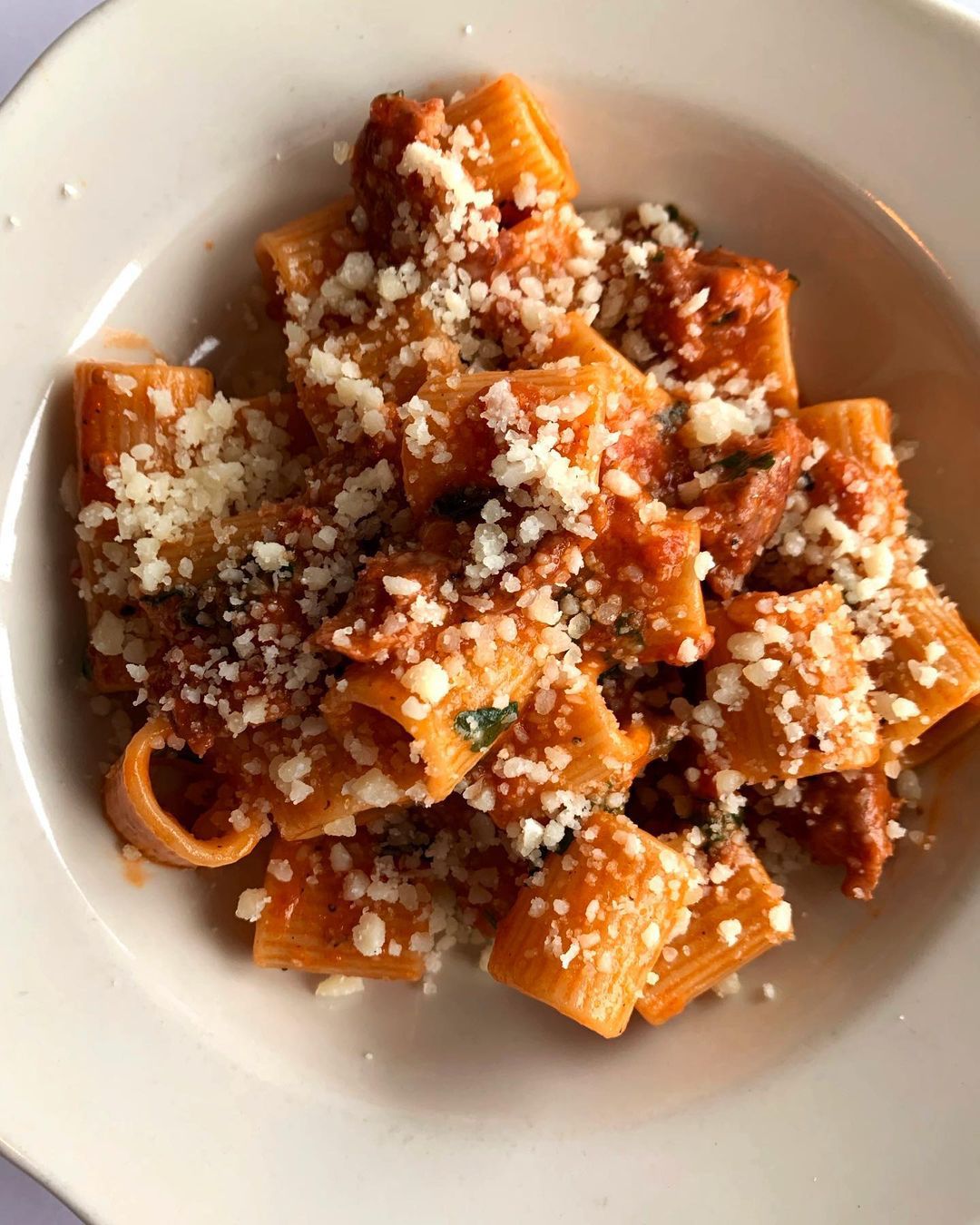 A close up on a small bowl of round, short tubes of pasta in a dark, rustic tomato sauce, and covered with crumbles of parmesan