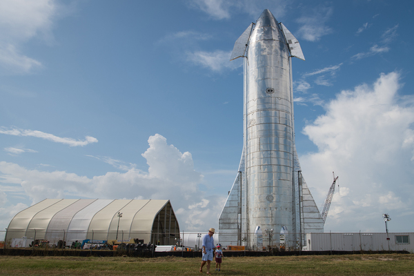 A prototype of SpaceX's Starship spacecraft is seen at the company's Boca Chica  launch facility on September 28, 2019 near Brownsville, Texas. The Starship is a massive space vehicle that, with reusable boosters, is meant to take people to the Moon or even Mars.