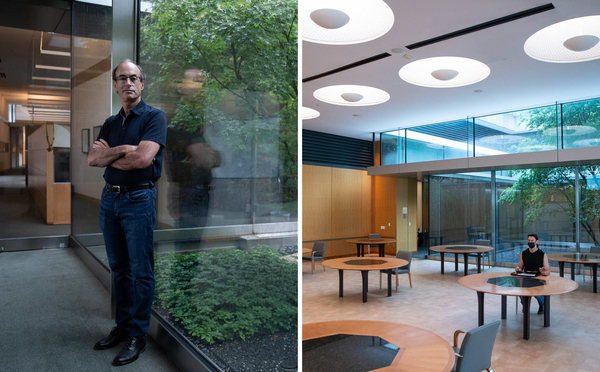 Left: Ron Vale, executive director of the Janelia Research Campus, hopes to have all employees back in the building by late September. Right: An employee eats lunch alone at a table that in pre-pandemic times seated eight.