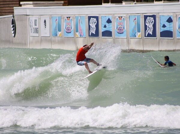 Dane Grochowski, 12, came with his family from Pacifica, Calif., to shred the waves in Waco.