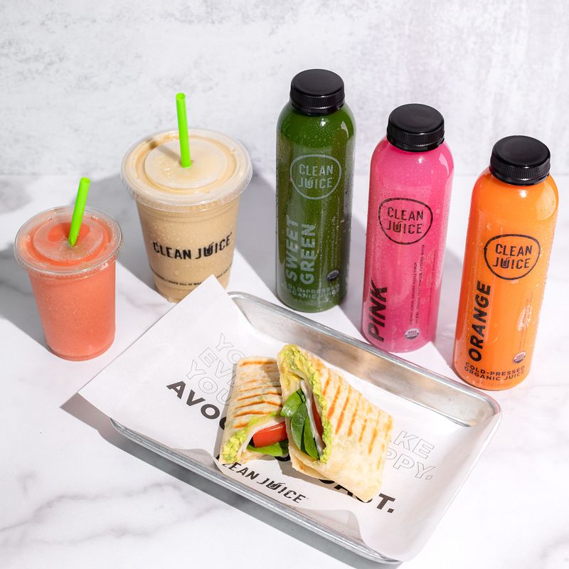 Colorful smoothies, cold-pressed juices, and wraps from Clean Juice.
