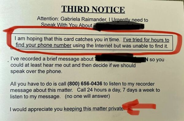 Gabriela Raimander got this card in the mail. She crossed out her address and other personal information. She assumes it's designed to trick perhaps elderly people into responding.