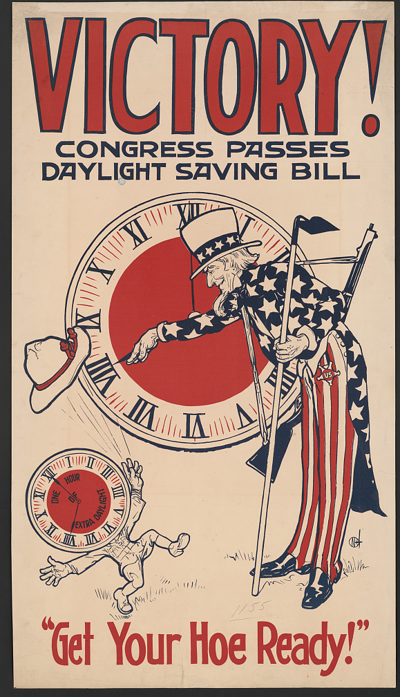 A World War I-era poster celebrates daylight saving time, with Uncle Sam changing a clock as a clock-headed figure throws its hat in the air. The one-hour adjustment will revert to standard time on Nov. 7.