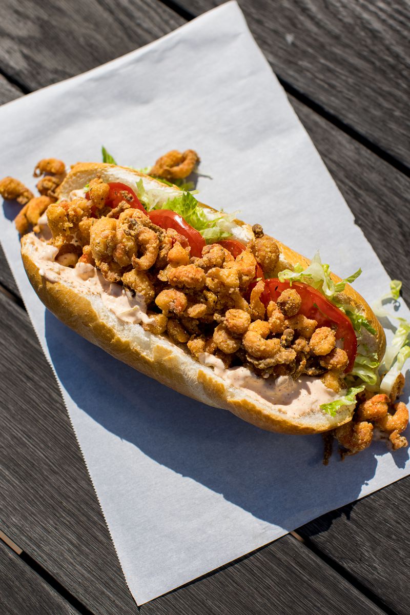 A po’boy overflowing with shrimp at Mr. Paul’s Po’Boys and Jams.