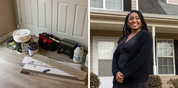 Left: Home repair materials are on the floor of Nicole Howson's remodeled kitchen. Right: Howson stands in front of her home in Griffin, Ga.