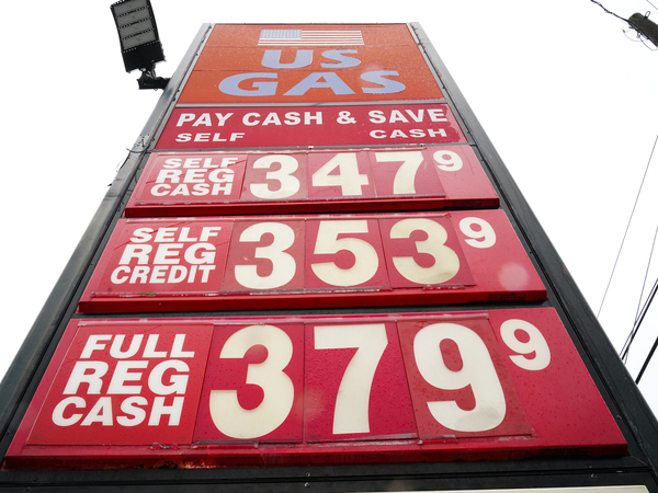Gas prices are displayed in Hatboro, Pa., on Feb. 4. Energy prices are among the items leading to the biggest annual surge in consumer prices since 1982.