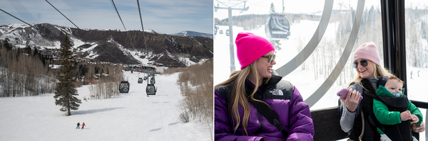 Garrett Wood, (right), smiles with her friend, Audrey Anthony, while carrying her son, Decklen Kusmierz, 11 months, on the gondola in Snowmass, Colorado. Wood's delayed wedding will be held at the ski resort this year.