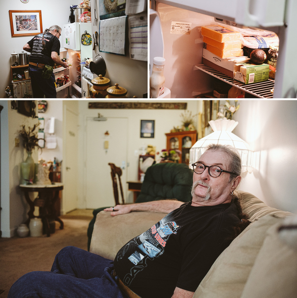 Everett Jones says food pantries have long been an "absolute necessity" for him and his wife, both retired. His refrigerator is newly stocked with donated food, but he's changing what other groceries he buys to save money. Jones also canceled a string of medical appointments because he couldn't afford the gas to drive to them.