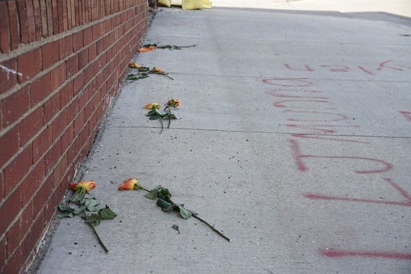 Flowers laid on a sidewalk