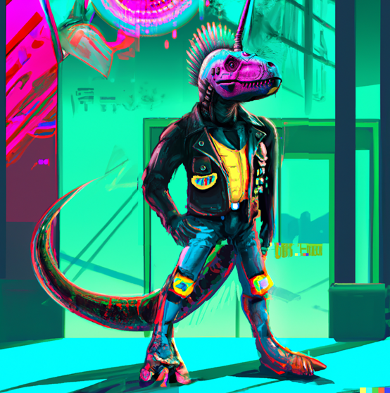 An image created with DALL-E2 with the prompt: "Retro vaporwave cyberpunk dinosaur wearing a tough jacket, character design, hyper detailed, art station," which was conceived by visual artist Don Allen III.