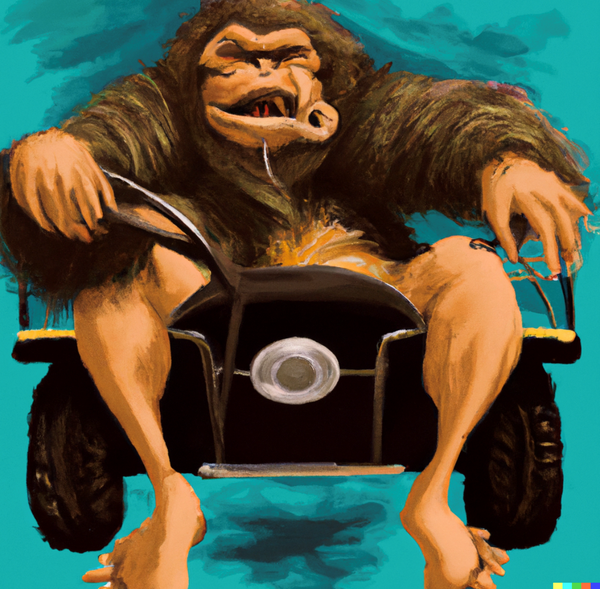 A photo created by OpenAI's DALL-E2 using the prompt: "Painting of Sasquatch driving a convertible in the style of Salvador Dalí.