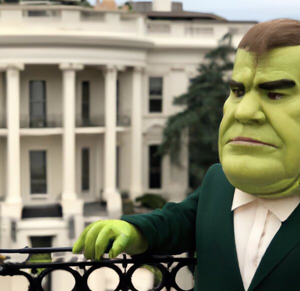 An image generated by OpenAI's DALL-E2 with the prompt "Shrek's older lobbyist brother visits Washington."