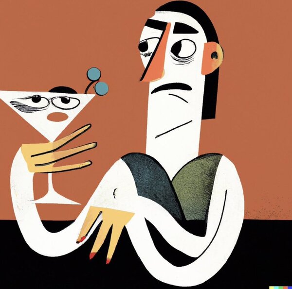 A image generated by DALLE-2 with the prompt "man with an ambiguous expression holding a martini in the style of Picasso"