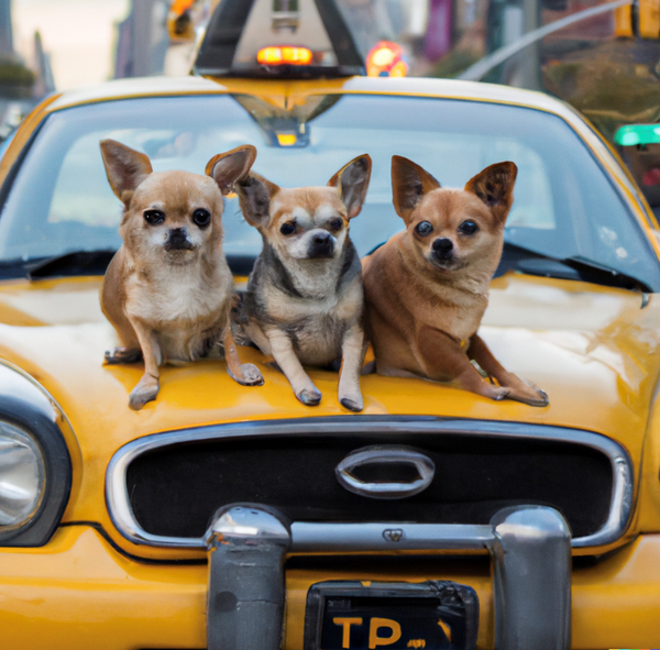 An image generated by OpenAI's DALL-E2 with the prompt: "A photograph of three chihuahuas sitting on a yellow cab in New York City"