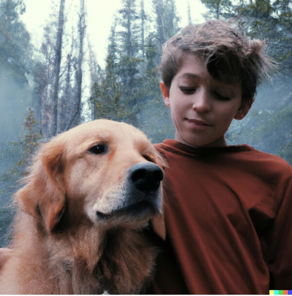 An image created by DALL-E2 with the prompt: "Photograph of a young boy and his Golden Retriever in the woods of Montana on a foggy day."