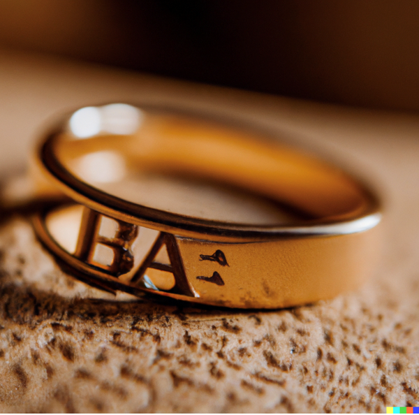 An image generated with DALL-E2 with the prompt: "A photo of a gold ring with the letters 'BA' engraved."