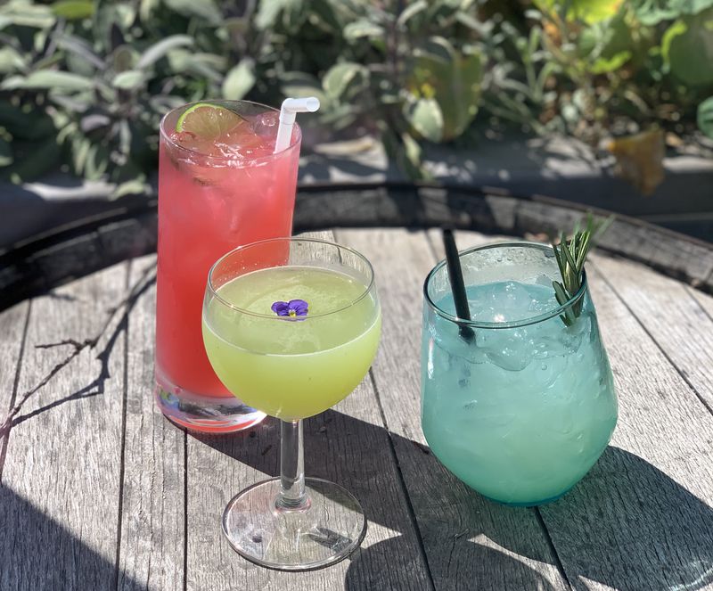 Three cocktails sit on a wooden barrel in the sun: a tall pink one, a green one in a goblet, and a blue one. A garden is in the background. 