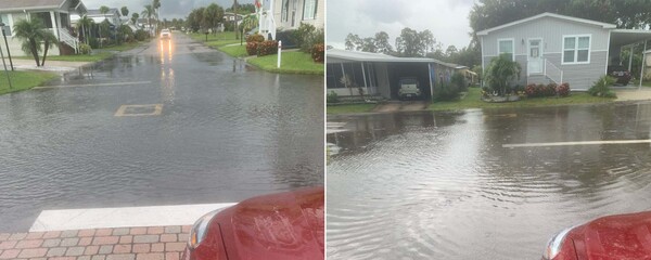 Recent flooding at the Heritage Plantation mobile home park. Resident Kathy Paris says she took the photos on July 17th, 2022 after a hard rain. One (left) shows flood water sitting on top of a storm drain grate near the entrance to the park. Paris estimates the flooding was at least 6 inches deep on some streets in the park.