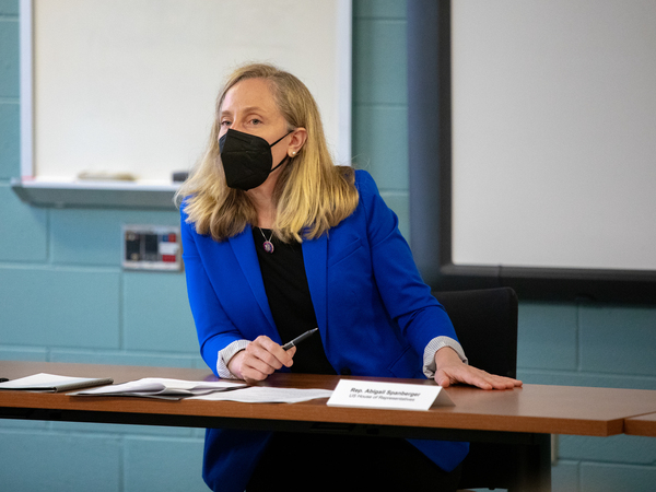 In this file photo, Rep. Abigail Spanberger attends an event at Glen Allen High School in Glen Allen, Va., in 2021. Spanberger won tight races in 2018 and 2020 in her current district, centered in the Richmond suburbs, but her new district is more diverse and includes more Latino voters.