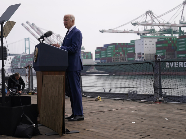 President Biden speaks about inflation at the Port of Los Angeles on June 10, 2022. He blamed "Putin's price hike" — Russia's war on Ukraine — for spiking gasoline prices.