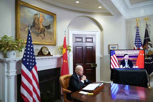 President Biden meets with China's President Xi Jinping from the White House during a virtual summit on Nov. 15, 2021.
