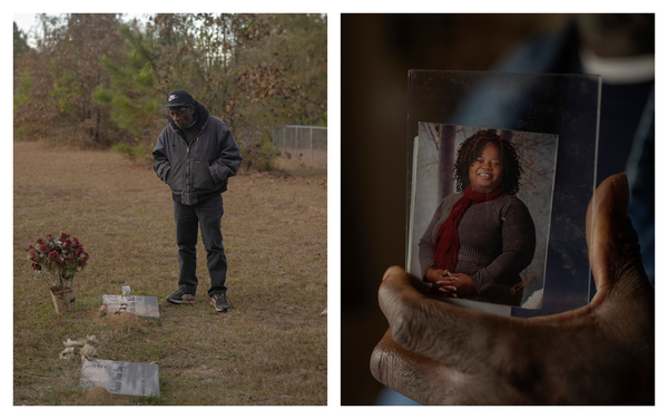 Left: Andy Lang visits the gravesite of his sister Bertha Reed, Sunday November 20, 2022, McIntosh, Alabama. Right: Andy Lang holds a photo of his deceased sister Bertha Reed, Saturday November 19, 2022, McIntosh, Alabama. Reed worked at the Olin Corp. chemical plant, retiring from her job as a lab analyst. Reed, who did not smoke cigarettes, was diagnosed with lung cancer. She died in 2017 at 64.