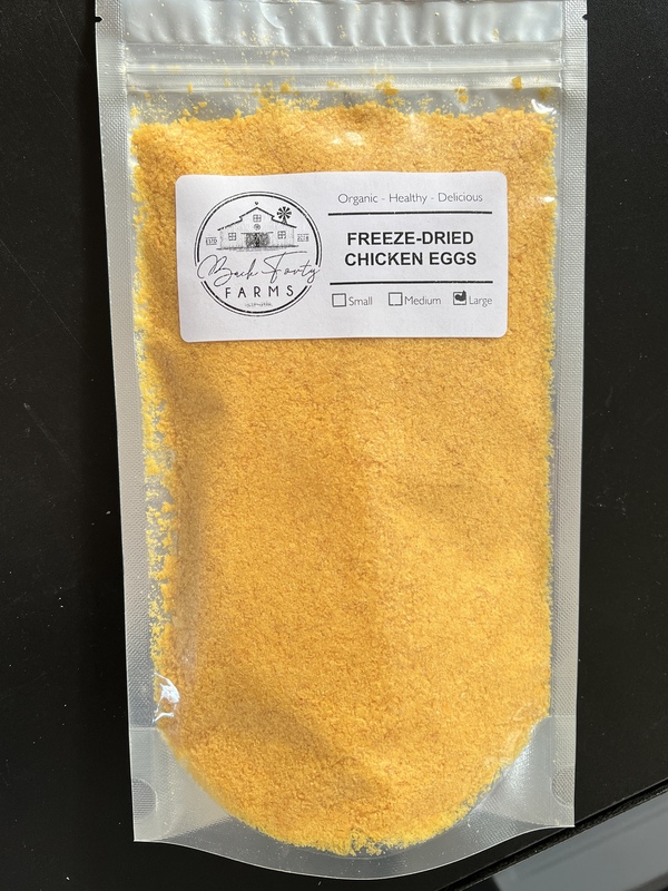 A package of freeze dried chicken eggs contains costs about $20 a dozen. The eggs keep for more than 20 years, weigh almost nothing and store easily. They sell out as fast as Ron Kern can post them.