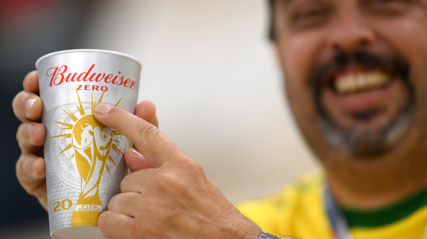 A Brazil fan points to "zero" on the Budweiser cup prior to the FIFA World Cup Qatar 2022 Group G match between Brazil and Serbia at Lusail Stadium in Lusail City, Qatar.