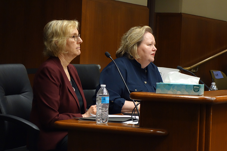 Medicaid Director Cynthia MacDonald and Karen Gibson, Health Care Eligibility and Access Administration Division Director, testifying before House Human Services Finance Committee.