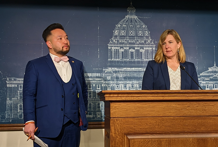 State Rep. Fue Lee and House Speaker Melissa Hortman shown at a Capitol press conference.