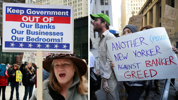 Left: DeeDee Dieffenderfer participates in a Tea Party protest in Chicago on April 15, 2009. Right: Participants in "Occupy Wall Street" demonstrate in New York City on Sept. 19, 2011.