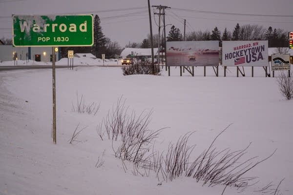 A green sign says warroad