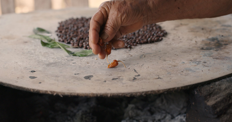 A hand placing small orange chiles next to a mound of ants, or chicatanas, cooked on a comal.