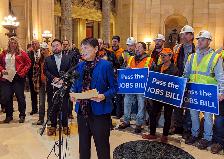 State Sen. Sandy Pappas, chair of the Capital Investment Committee, spoke in support of the bonding bill at a State Capitol rally on Thursday.