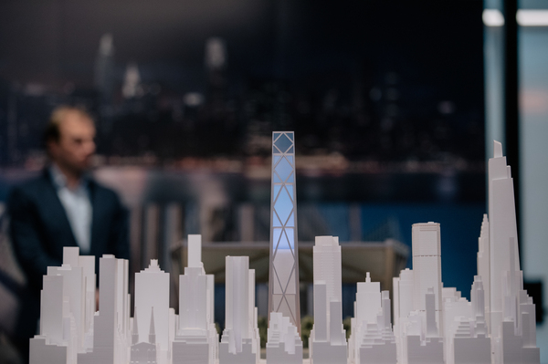 A model of the skyline surrounding JPMorgan's future offices is displayed on a conference table of the bank's  current building in New York on Oct. 25, 2022.