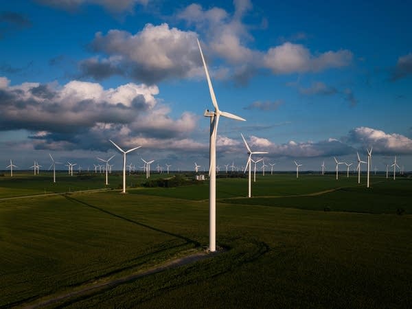 An aerial view of wind turbines