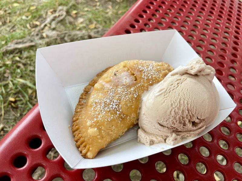 A golden hand pie next to a scoop of cinnamon ice cream in a white paper dish on a red bench.