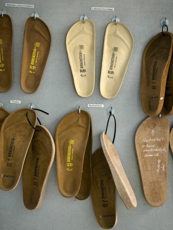 Parts for the production of Birkenstock shoes are seen at the company's facility in Germany in 2016.