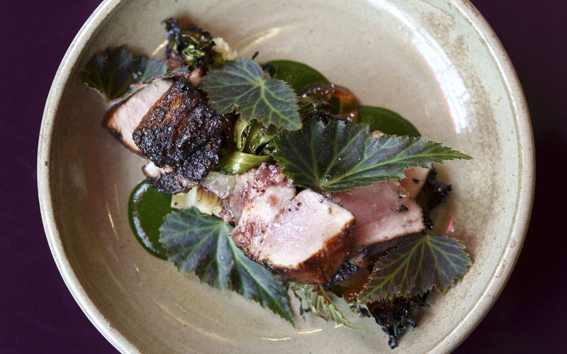 A beige stone plate with hunks of roasted pork, a base of pureed, deep-green oregano, and chicory greens on top. 