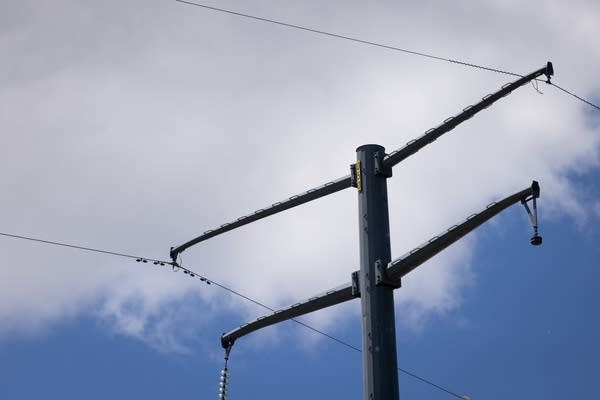 A closeup of a high-voltage power line