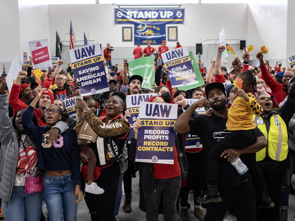 UAW members attend a rally to throw support behind striking Big 3 autoworkers on October 7, 2023 in Chicago, Illinois.