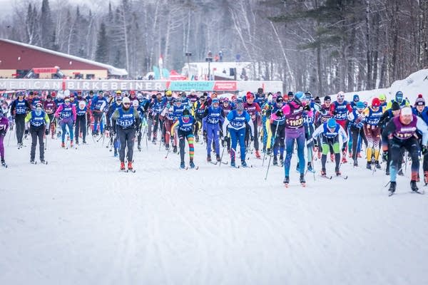 A mass of people cross country ski in front of large building