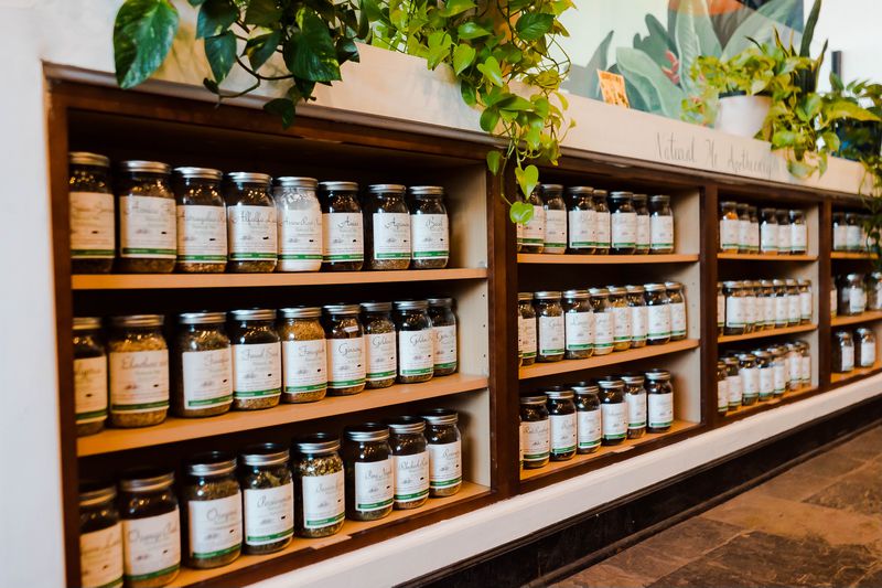 A counter with built-in shelves stacked with large jars with white labels on them, and plants sitting on top. 