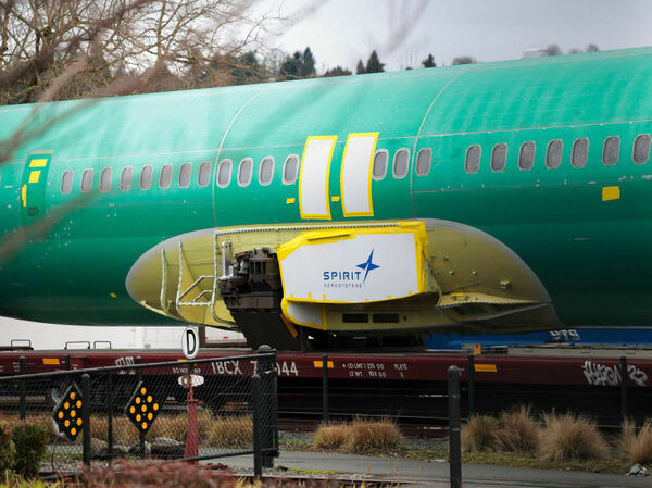 The Spirit AeroSystems logo is visible on an unpainted 737 fuselage outside Boeing's factory in Renton, Wash., last month.