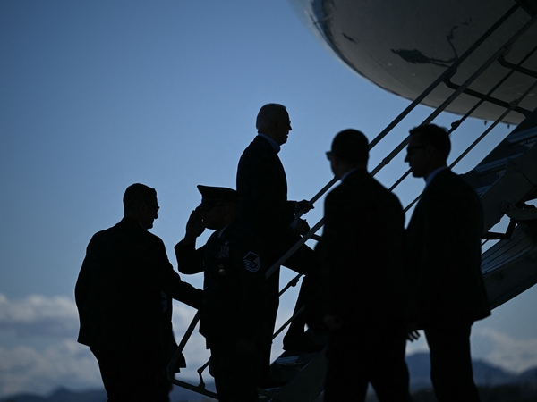 President Biden boards Air Force One at Harry Reid International Airport as he departs Las Vegas for Phoenix on March 19.